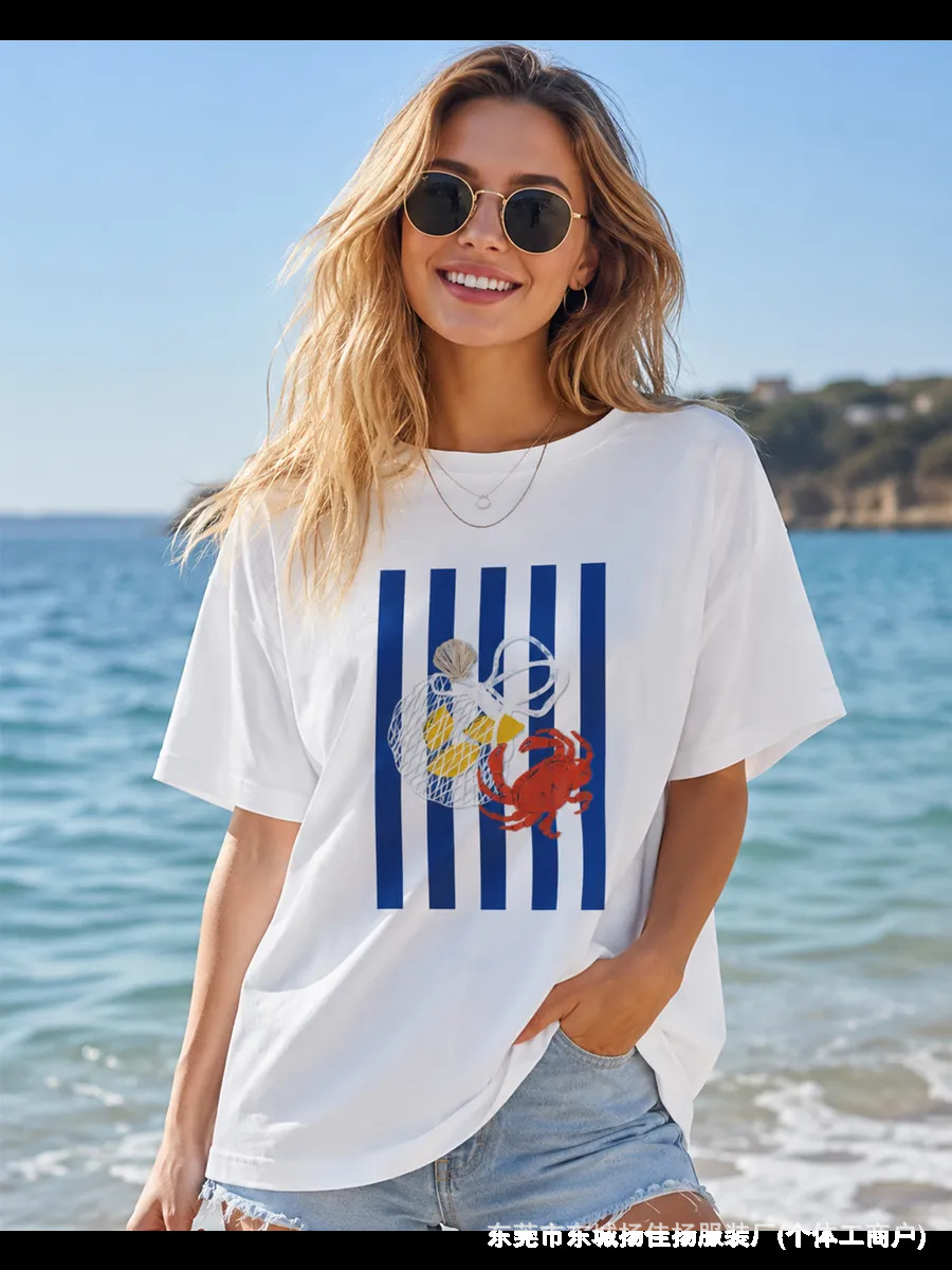 European and American Style Casual Versatile Striped Fresh Painting Crab Print 100% Pure Cotton Short-Sleeve T-Shirt