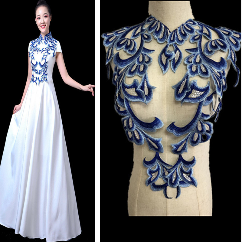 宝蓝凤凰尾祥云亮片刺绣布贴补丁衣服装饰辅料手工diy一套