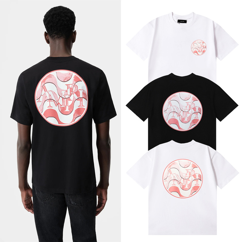 24Ss New Cross-Border Wholesale Amirit Shirt High Version Red Circle Printed Pure Cotton Round Neck Elegant Short Sleeves