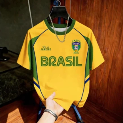 Brazilian Football T-Shirt, Soccer Jersey with Stripes, Retro Print, Breathable, Quick-Dry Training T-Shirt, Fan Sports