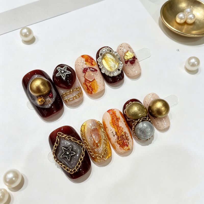 Gilt-toned amber marble gradient autumn and winter new style pure handmade wearable nail art, detachable, cross-border bestseller Gilt-toned amber marble gradient autumn and winter new style pure handmade wearable nail art, detachable, cross-border bestseller