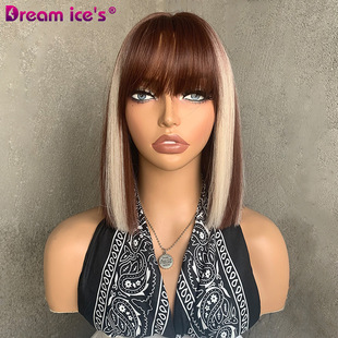 Cross-border foreign trade bob head short straight hair neat bangs brown highlights natural Europe, America and Africa wig female headgear wholesale