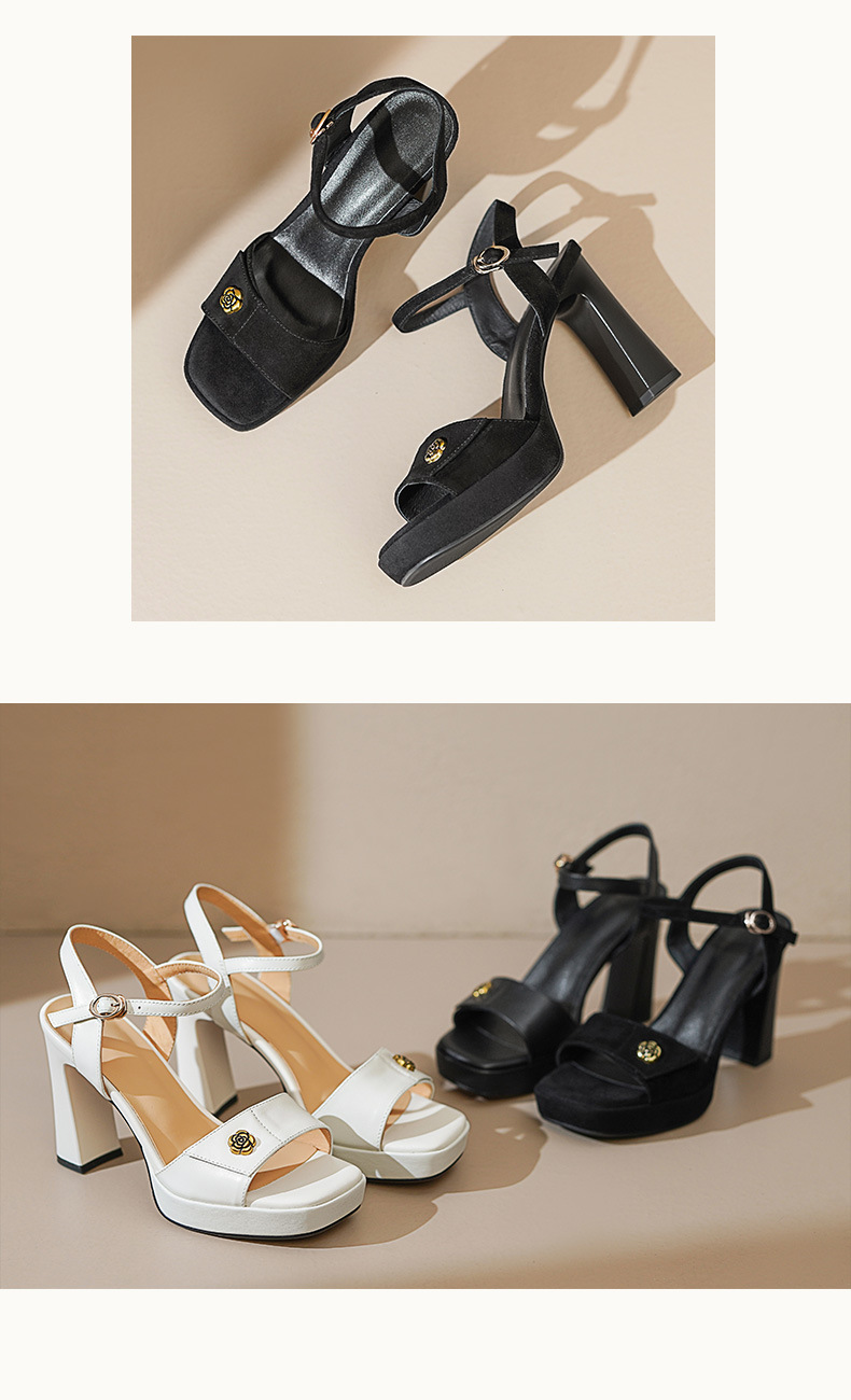 Sandal cao gót nữ hở mũi quai một chữ khóa, gót thô đế dày 10.5 cm — Da bò trắng gạo chi tiết 7