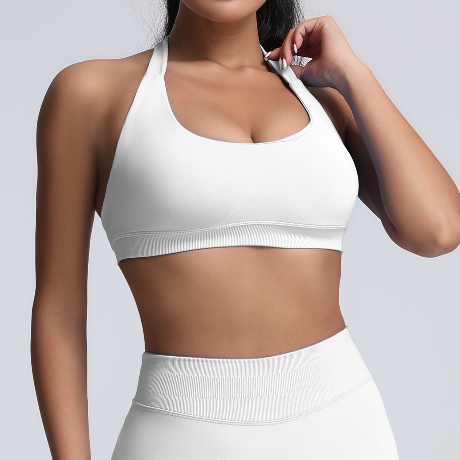 Europa y los Estados Unidos cuello colgante belleza de espalda ropa interior deportiva alta elástica matte nylon de espalda abierta gran chaqueta de yoga sujetador mujer