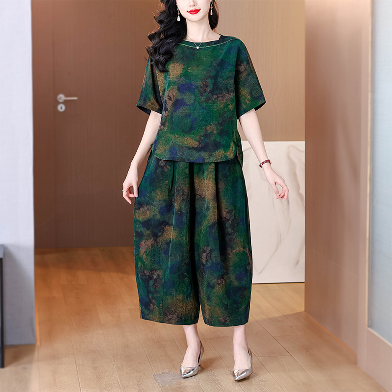 Yslg8883 Artistic Outfit 2025 Summer Mom's Wear Elastic High-Waisted Carrot Pants Printed T-Shirt Two-Piece Set