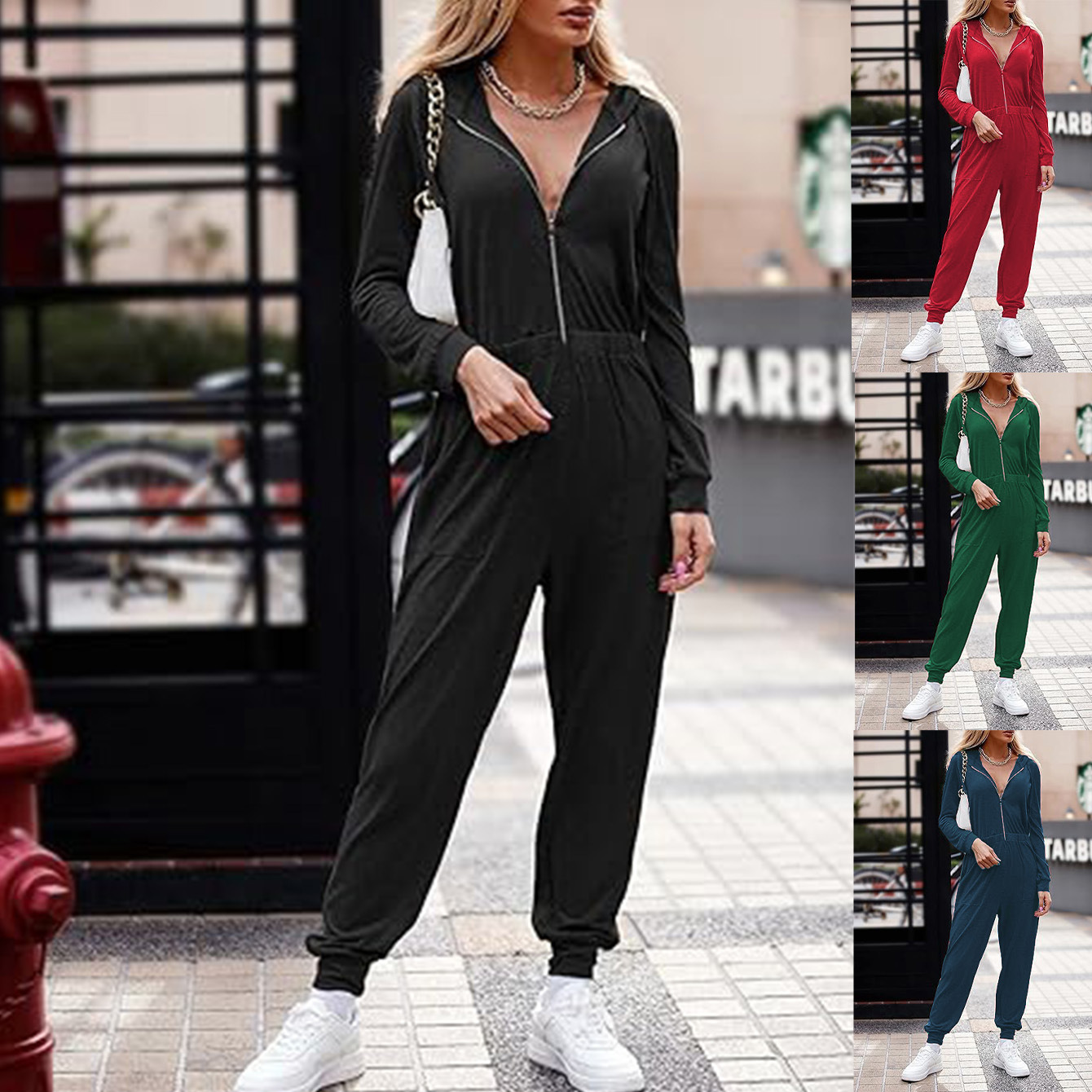 En stock deseo estación independiente 2023 Amazon Venta caliente nueva manga larga con capucha cremallera casual deportes jumpsuit mujeres