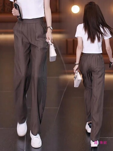 Ice silk narrow version wide-leg pants, summer thin, light luxury straight pants, high waist, drooping, nine-cent women's pants, casual pants