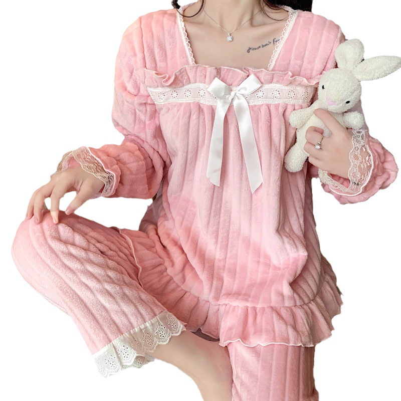 Sweet Girl Pink pijamas otoño e invierno cálido simple ropa para el hogar nuevo traje de terciopelo coral de terciopelo azul forrado de lana gruesa