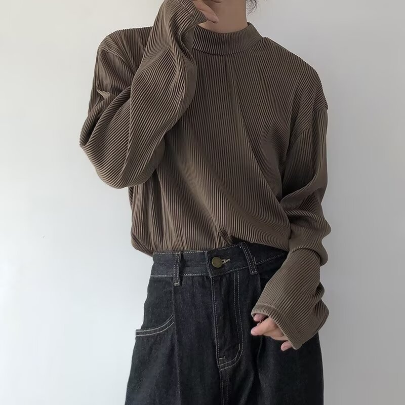 가벼운 성숙한 스타일 긴팔 티셔츠 남성용 반 높이 칼라 유행 브랜드 라운드 넥 가을 내베이스 셔츠 루즈 탑 패션