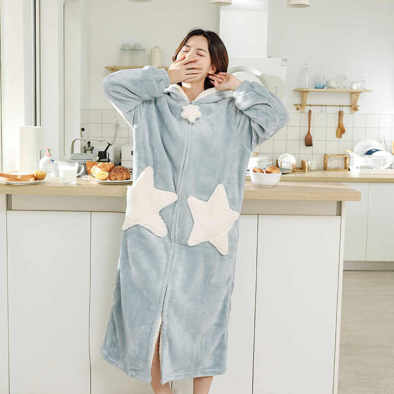 秋冬长款家居服连帽珊瑚绒加厚保暖睡衣大码睡袍女星星睡裙amazon|undefined