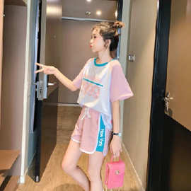 跑步运动套装女夏装2021新款韩版宽松小清新短袖上衣休闲五分短裤