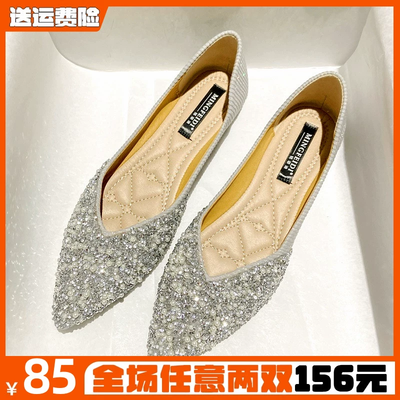 Осень и зима 2025 новые остроконечные стразы одиночные туфли женские светло-плоские феи ветряные туфли большого размера женские туфли от 41 до 43