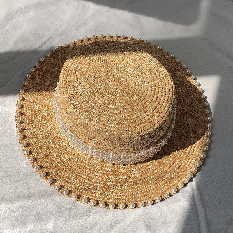 1260g Weight Sun Hat Hats Type Casual, Outdoor Occasion Straw Material Solid Color Pattern Summer Season Women's Gender Pearl Design Elegant, Simple Style Style Big Eaves Rim Women's Elegant Simple Style Solid Color Pearl Big Eaves Sun Hat 4