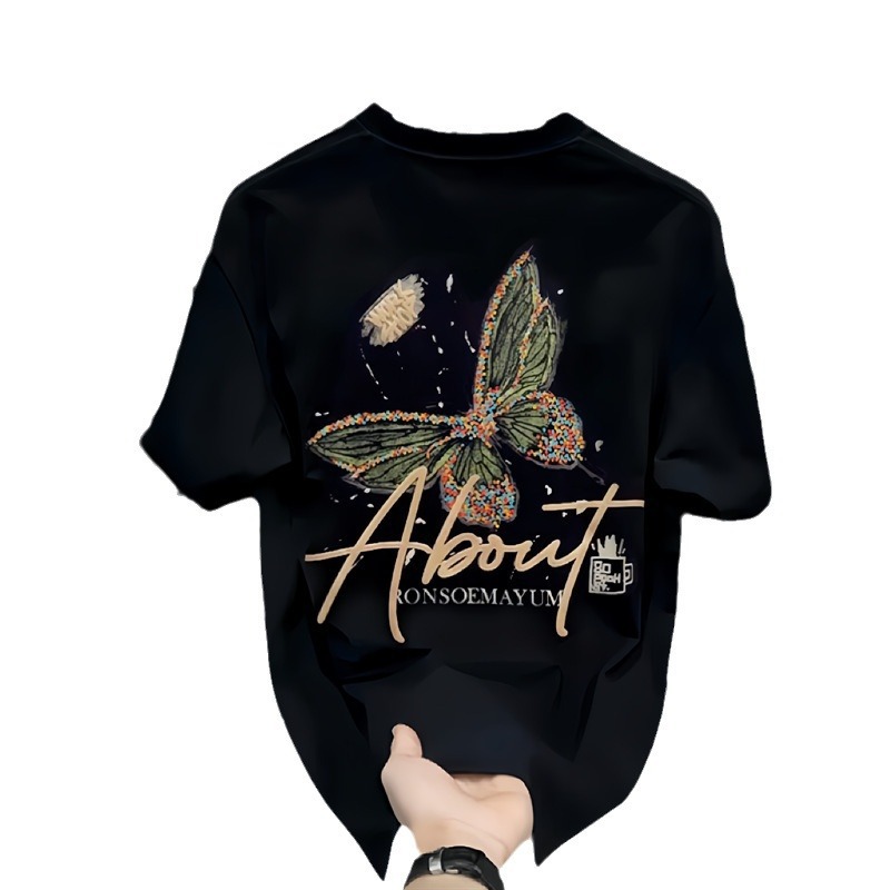 Heavy Trendy Brand Butterfly Print Men's Short-sleeved T-shirt 2025 New Summer Explosions Trendy Casual Crewneck T-shirt