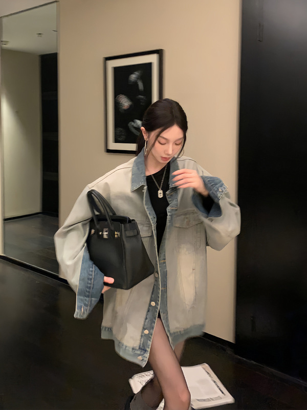 区区欧阳水洗牛仔外套女秋季宽松复古夹克设计感小众休闲上衣套装|undefined