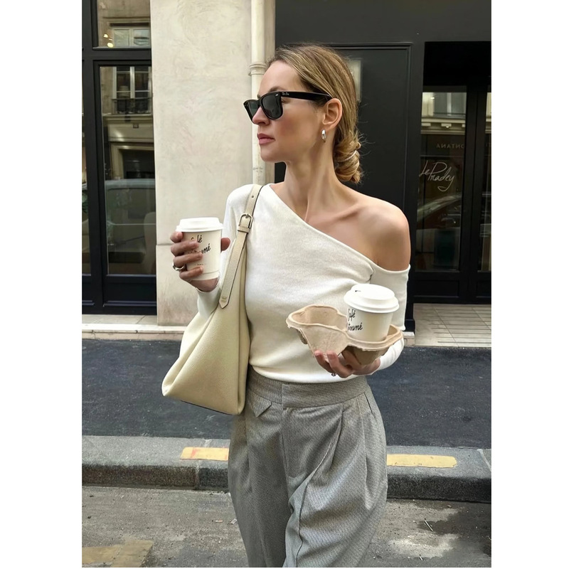 Korean Style Off-Shoulder Sweater Pullover Wool Knit Designer Base Layer One-Shoulder Long-Sleeve Slimming Top
