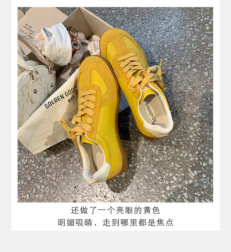 Giày sneaker nữ da bò phối màu mũi tròn dây buộc tăng chiều cao — Màu trắng nhạt, màu sô cô la, màu vàng, màu đen chi tiết 10
