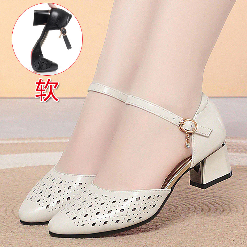 Sandal cao gót nữ mũi hở da thật phong cách cổ điển — màu đen