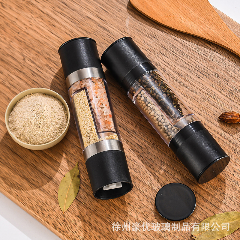 Molinillo manual dos en uno de doble propósito, pimienta negra, pimienta, sal marina, núcleo de cerámica de acero inoxidable, botella de espolvoreado de condimento comercial