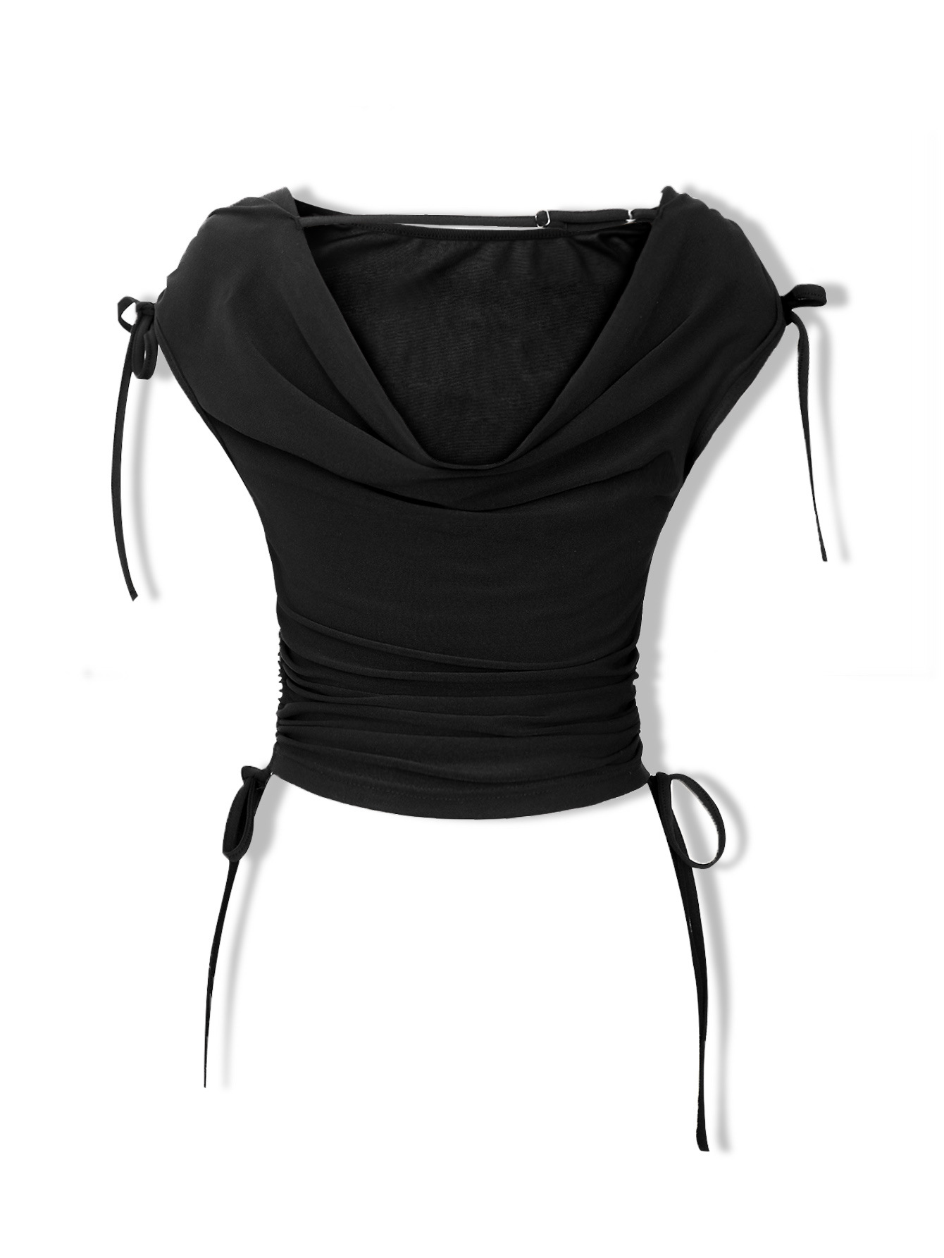 Women Clothing Spring Summer Irregular Asymmetric with Personality Shoulder Strap Drawstring Lace Pleated Cropped Top Women
