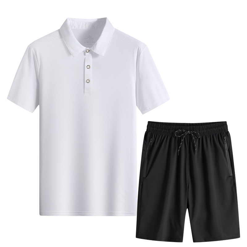 Comercio exterior polo para hombres 2026 nuevo seda de hielo secado rápido transpirable piel de mangas cortas pantalones cortos deportivos delgados dos piezas