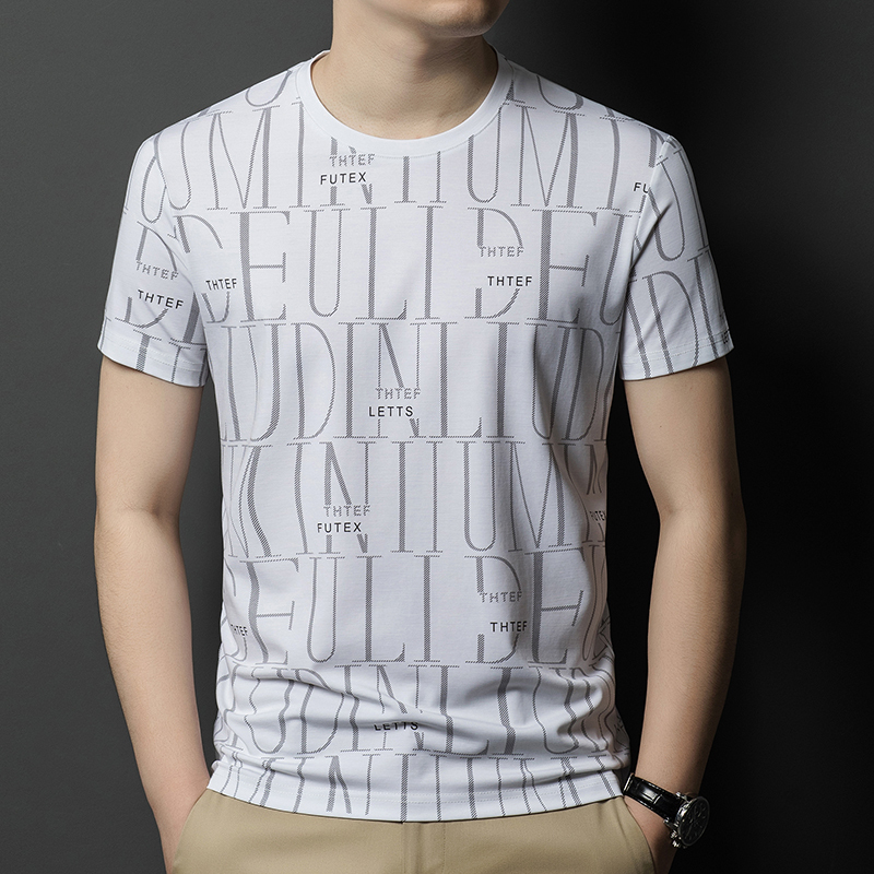 本物のロモンシルク半袖Tシャツメンズラウンドネックハイエンド若者と中年の薄いアイスシルク半袖Tシャツ。|undefined