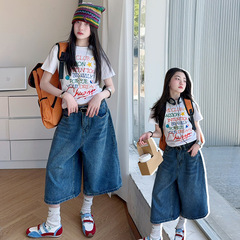 女児夏服2025新作中大童韓系半袖tシャツデニム中ズボンセットファッション洋気セットファッション