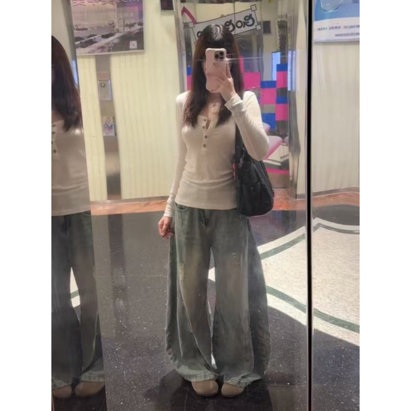 【人棉平纹】美式辣妹V领设计感小众长袖T恤女早秋薄款白色上衣|undefined