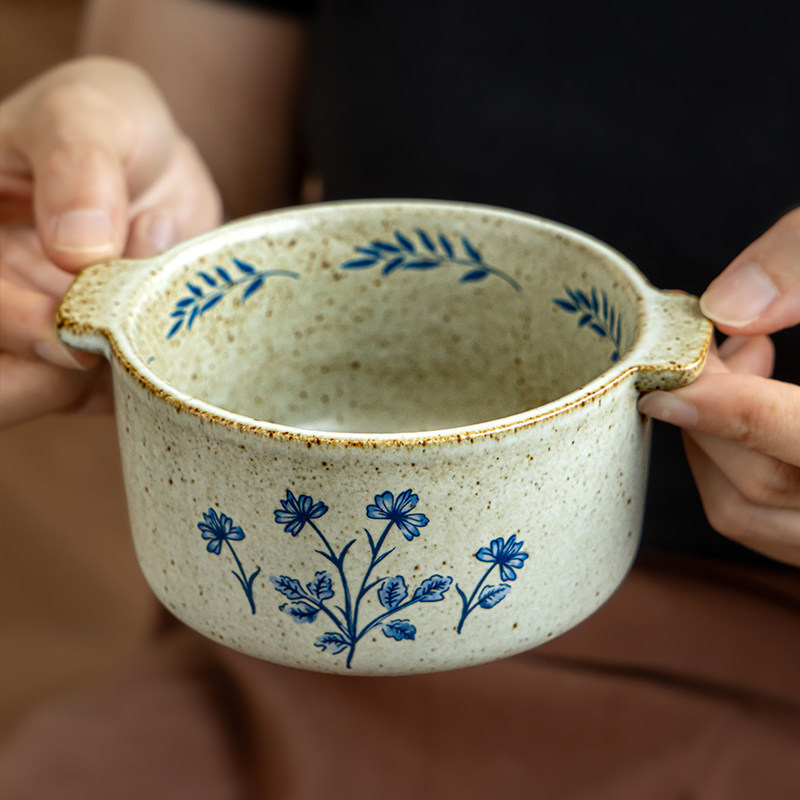 Freesia 4.5inch Rustic Ceramic Double-Handled Bowl, Unique Vintage Dessert Bowl, Attractive Breakfast Porridge Bowl, Cross-Border Export Freesia 4.5inch Rustic Ceramic Double-Handled Bowl, Unique Vintage Dessert Bowl, Attractive Breakfast Porridge Bowl, Cross-Border Export