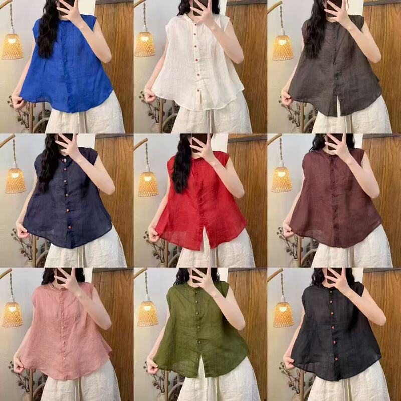 Ramie Sleeveless Blouse 2026 Vintage Style Solid Color Lace Collar Lightweight Age-Reducing Versatile Loose Cardigan Top for Women Ramie Sleeveless Blouse 2026 Vintage Style Solid Color Lace Collar Lightweight Age-Reducing Versatile Loose Cardigan Top for Women