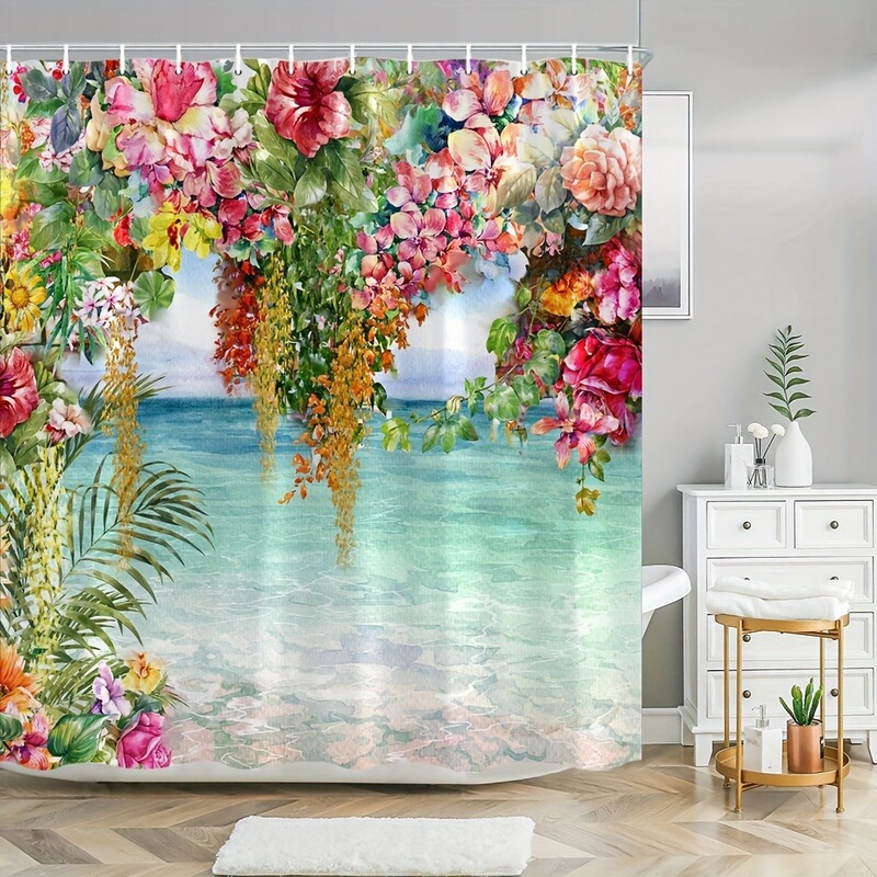 Amazon Cross-Border E-Commerce Floral Shower Curtains with Blue Ocean Background Usa Europe North America Amazon Cross-Border E-Commerce Floral Shower Curtains with Blue Ocean Background Usa Europe North America