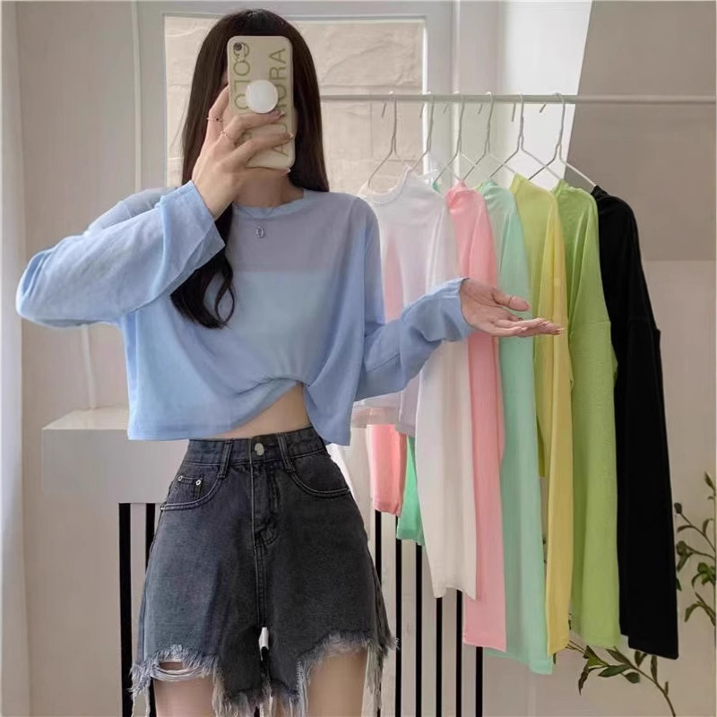Loose and Slim Candy-Colored Long-Sleeved Short T-Shirt for Women Summer Thin Ice Silk Sunscreen Air-Conditioned Blouse Knitted Top Loose and Slim Candy-Colored Long-Sleeved Short T-Shirt for Women Summer Thin Ice Silk Sunscreen Air-Conditioned Blouse Knitted Top