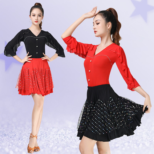 Latin dance tops for women, fashionable modern dance square ballroom dance jitterbug dance clothes new diamond-encrusted beautiful dance clothes
