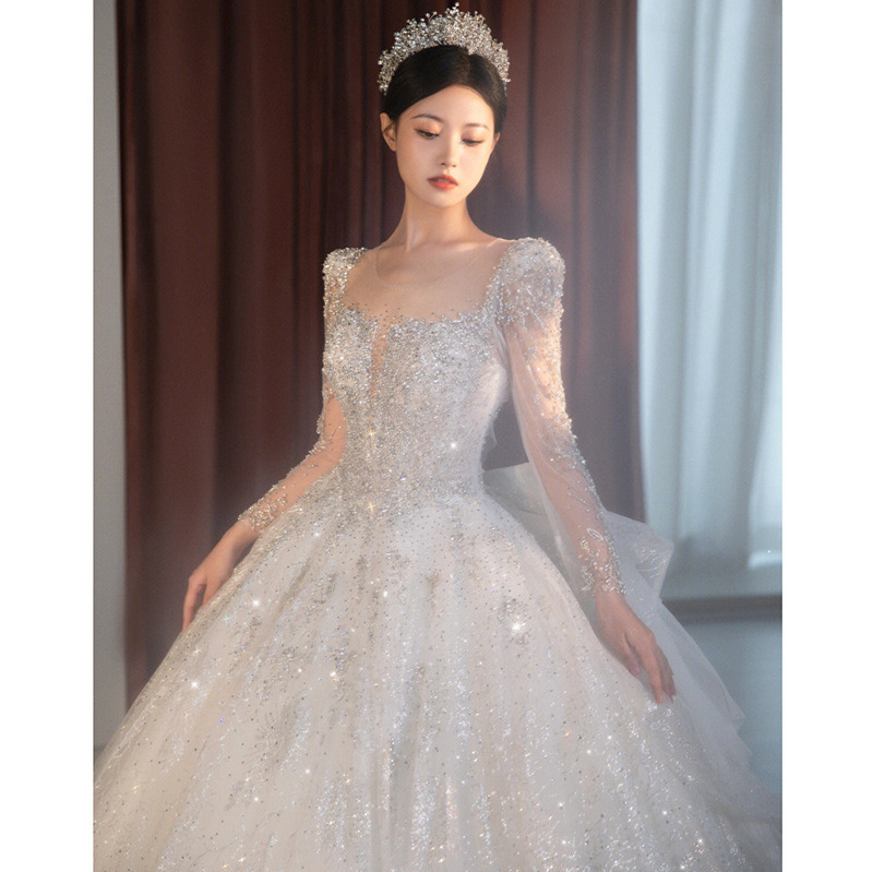 Foreign Trade Wedding Dress Bride 2025 New Main Wedding Gauze Heavy Industry Trailing Long-Sleeved French Retro High-End Texture D98