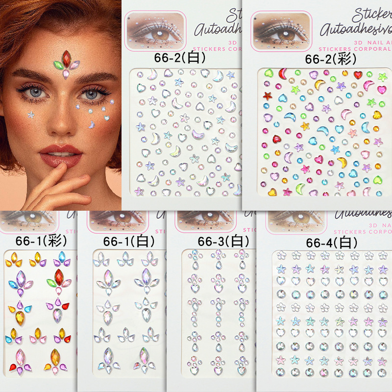 Manufacturer's In-Stock Cross-Border Popular Facial Gemstone Rhinestone Stickers Acrylic Diamond Pearl Face Stickers Sparkling Heart-Shaped