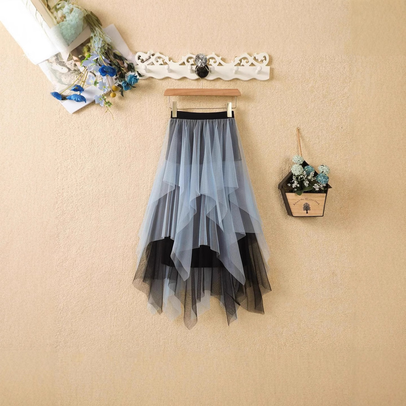 Irregular Color-Blocked Mesh Skirt, High-Waisted, Loose and Slimming Look, A-Line, Large Hem, Mid-Length Skirt