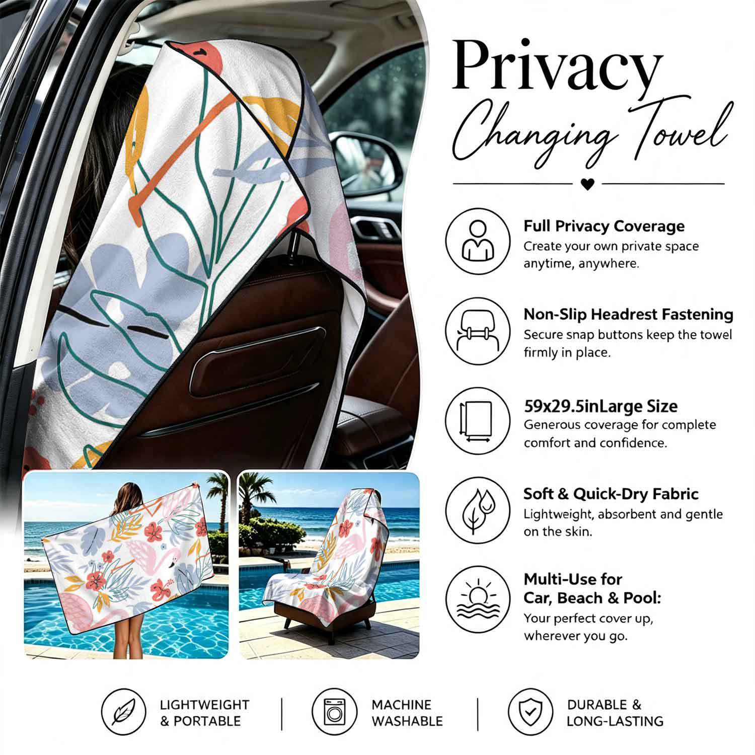 Printed bath towel and car seat cover 2-in-1, ultra-fine fiber outdoor beach and car dual-use universal seat cushion