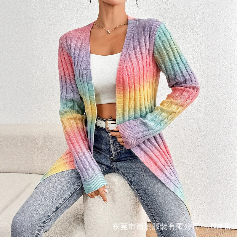 Amazon Mid-Length Coat Sweater Gradient Color Spring and Autumn Sweet Knit Cardigan Loose Style Long Sleeve V-Neck
