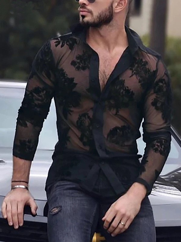 Cross-Border Foreign Trade European and American Men's Breathable Lace Long-Sleeved Mesh Shirt Transparent Fashion Party Sexy Mesh Shirt Cross-Border Foreign Trade European and American Men's Breathable Lace Long-Sleeved Mesh Shirt Transparent Fashion Party Sexy Mesh Shirt