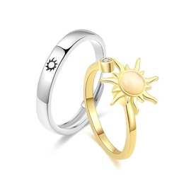亚马逊新款饰品 个性简约双色太阳镶钻情侣女士百搭两件套戒指
