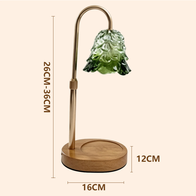 Fabricante de torre de pino verde gradiente lámpara de cera de vidrio base de nuez habitación aroma lámpara de escritorio a granel