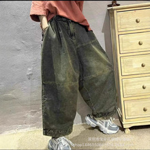 琪镌绘制复古水洗做旧净版牛仔裤女 冬季新款 宽松显瘦垮裤哈伦裤