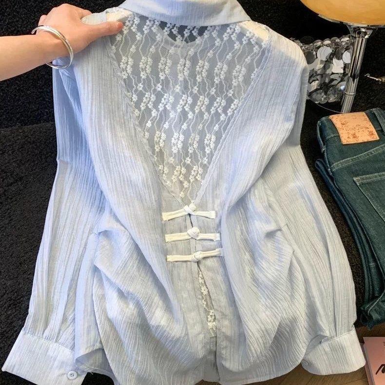New Chinese-Style Design, Beautiful Sun-Protective Shirt for Women, Summer Thin Style, Lace Splicing, Backless Shirt Jacket