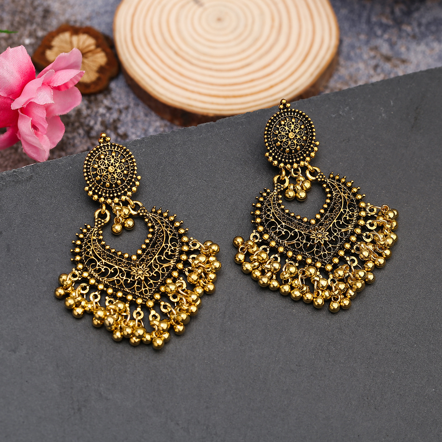 European and American Exaggerated Pearl Earrings Bohemian Retro Ethnic Style Alloy Small Bell Pendant Tassel Earrings Women