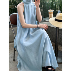 NS露肩挂脖连衣裙女夏季2025新款超仙气质度假天丝吊带裙子3239
