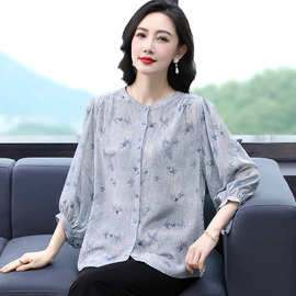 优雅真丝双绉小衫女经典衬衫式圆领气质显瘦妈妈桑蚕丝七分袖上衣