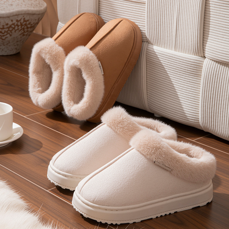 Cross-Border Autumn and Winter Suede Cotton Slippers for Women's Home Warm Thick-Soled Plus Velvet Anti-Slip Silent Wool Slippers for Men Wholesale