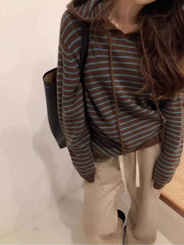 条纹连帽毛衣外套女秋冬宽松慵懒针织卫衣设计感韩系小众短款上衣|undefined