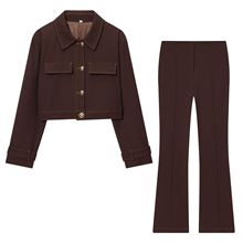 速卖通跨境批发2025秋新款女装翻领口袋饰缉线短外套裤套装女