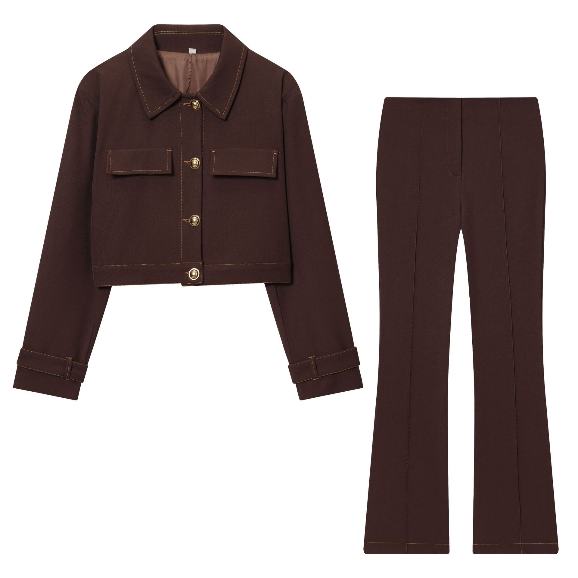 速卖通跨境批发2025秋新款女装翻领口袋饰缉线短外套裤套装女